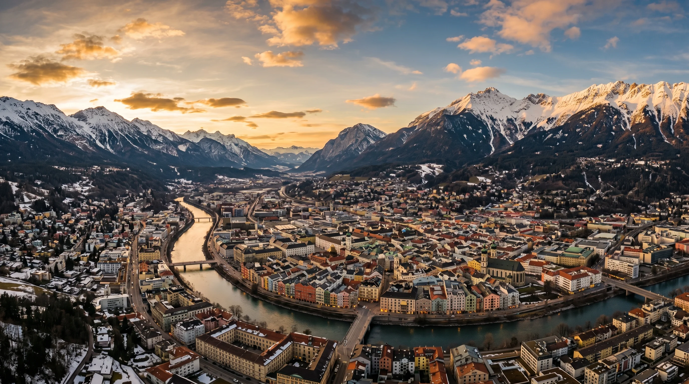 Innsbruck city nestled in the Inn River valley with snow-capped Alps