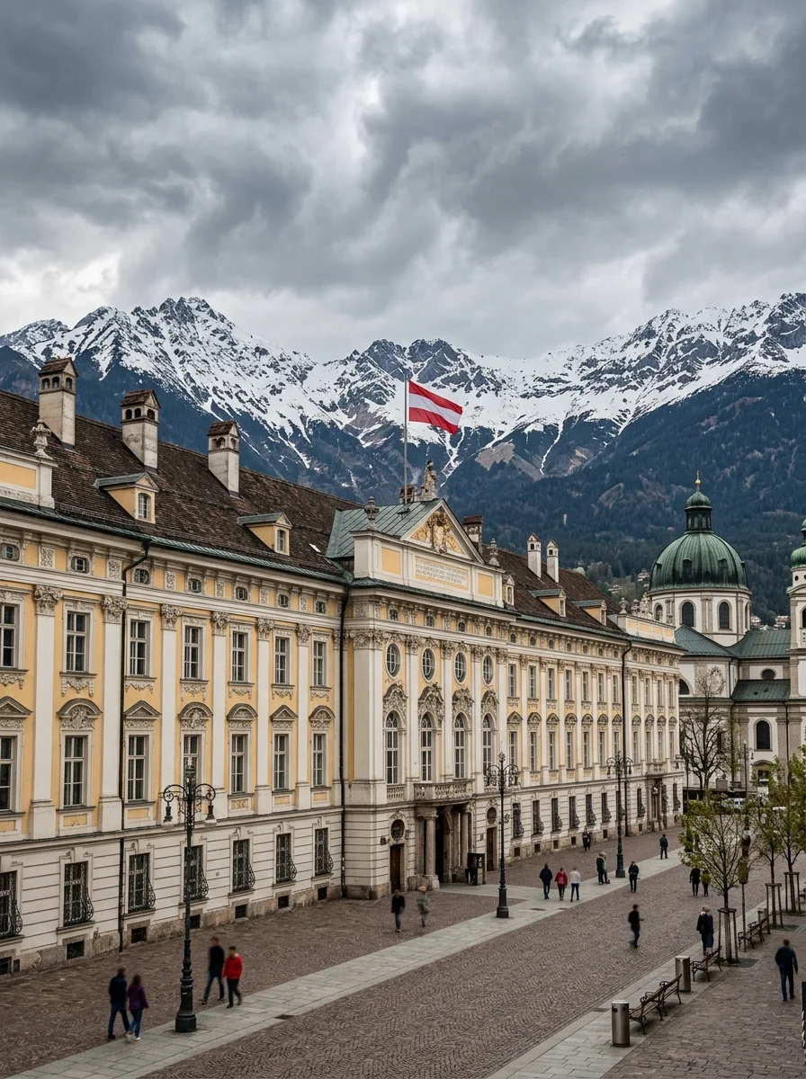 Hofburg Imperial Palace in Innsbruck — grand baroque facade with alpine backdrop