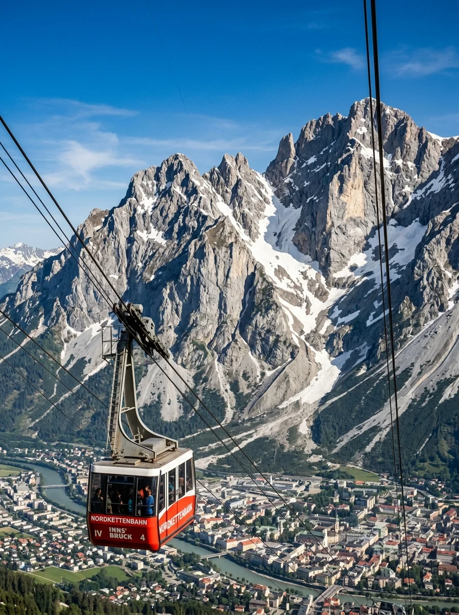 Nordkette cable car ascending toward rocky Alpine peaks above Innsbruck