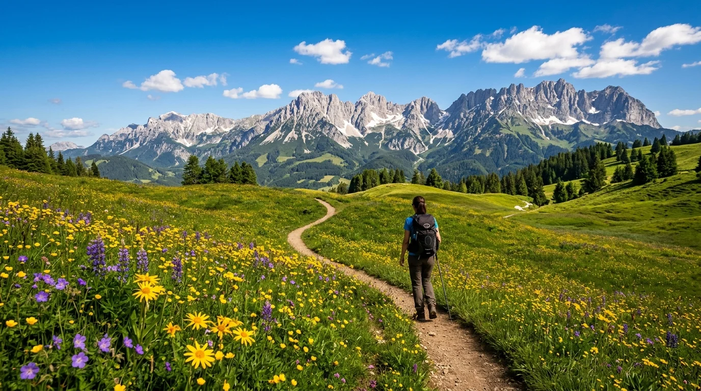 Summer hiking in the Tyrolean Alps — wildflower meadows with dramatic mountain peaks