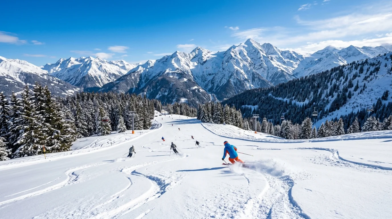 Ski slopes in the Tyrolean Alps in winter — powder snow and pine trees